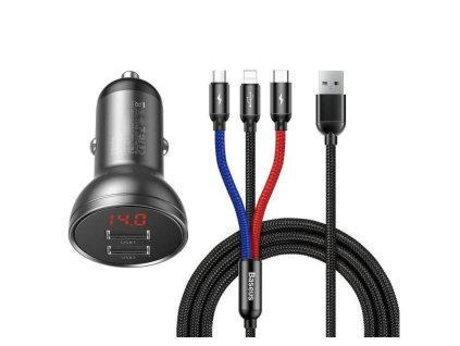 Baseus rychlonabíječka do auta 2xUSB 4,8A 24W s displejem + 3v1 kabel černá