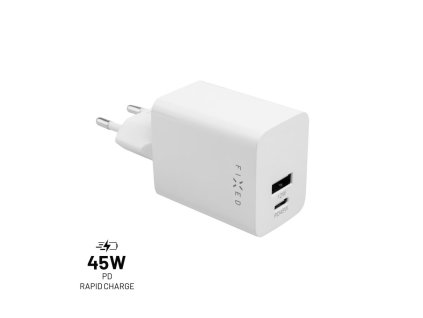 Nabíječka FIXED Mini síťová s USB-C a USB výstupem, podpora PD, 45W, bílá