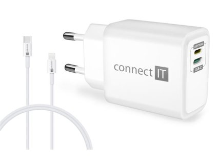 CONNECT IT DUPLEX Nabíjecí adaptér 1xLightning + 1×USB-C, 20W, kabel 27W, BÍLÝ
