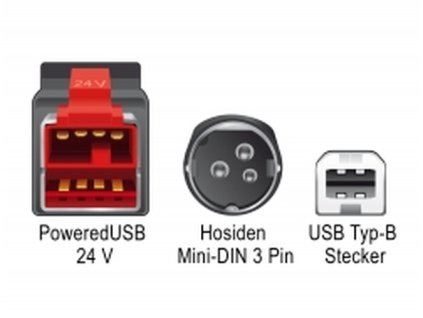 Delock PoweredUSB kabel samec 24 V > USB Typ-B samec + Hosiden Mini-DIN 3 pin samec 2 m pro POS tiskárny a terminály