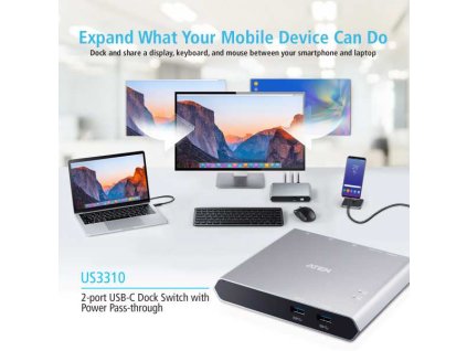 Aten 2-Port USB-C Dock Switch with Power Pass-through