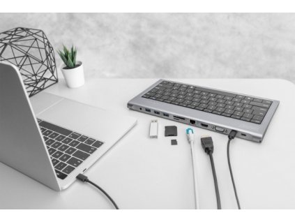 Digitus Dokovací stanice USB-C (10 portů) + klávesnice (GER), HDMI, VGA, 3x USB 3.0, 2x čtečka karet, 2x USB-C, RJ45, zvuk