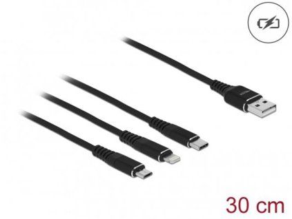 Delock Nabíjecí kabel USB 3 v 1 pro Lightning / Micro USB / USB Type-C, 30 cm černá