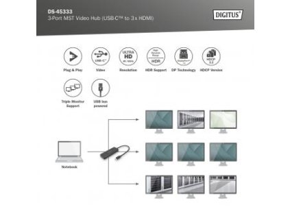 DIGITUS USB-C - 3x HDMI MST Video Hub DP 1.4, HDMI 2.0, 4K/60Hz