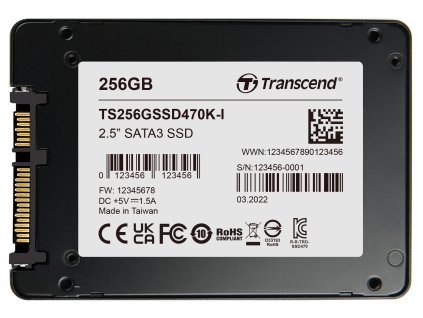 TRANSCEND SSD470K-I 256GB Industrial (3K P/E) SSD disk 2.5" SATA3, 3D TLC, Aluminium case, 560MB/s R, 520 MB/W, černý
