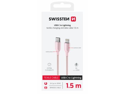 SWISSTEN DATOVÝ KABEL TEXTILE II USB-C / LIGHTNING 1,5 M RŮŽOVÝ