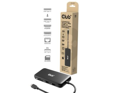 Club3D Dokovací stanice USB-C 8v1, 1xHDMI, 1xDP, 1xUSB-C, 2xUSB, 1xRJ45, černá