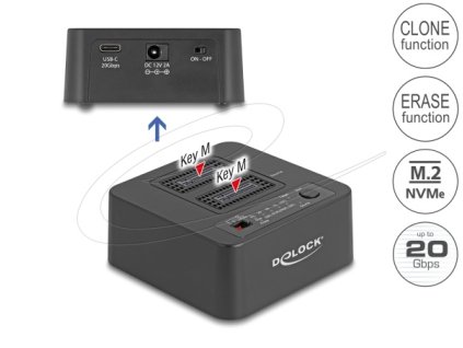 Delock USB 20 Gbps Dokovací stanice M.2 pro 2 x SSD M.2 NVMe PCIe s funkcemi klonování a mazání