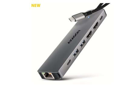 AXAGON HMC-7HX2, USB 5Gbps hub, 2x USB-A, USB-C, 2x HDMI 4k/60Hz, RJ-45 GLAN, PD 100W, kabel USB-C 15cm