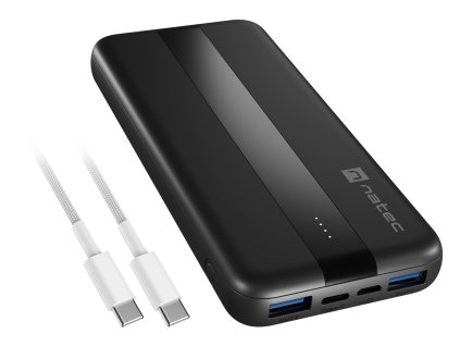 Power banka Natec TREVI SLIM Q V2 10000mAh, 2X USB-A 18W, 1X USB-C 20W, USB-C - USB0-C kabel, černá