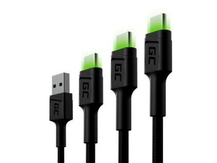 Green Cell Set 3x Cable GC Ray USB-C Cable 30cm, 120cm, 200cm with green LED backlight, fast charging UC, QC 3.0