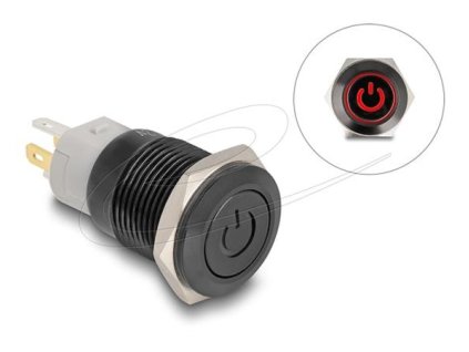 Delock Push Switch pro instalaci černý 16 mm 12 V 5 x pájené připojení LED červený symbol napájení + kroužek