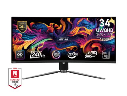MSI Gaming monitor MPG 341CQPX QD-OLED, 34,18" QD-OLED zakřivený/3440x1440 (UWQHD)/240Hz/0,03ms/2xHDMI/DP/USB-A,B,C/Výškově nast.