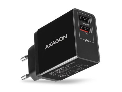AXAGON ACU-QS24, QC & SMART nabíjačka do siete 24W, 2x port USB-A, QC3.0/AFC/FCP + 5V/1,2A