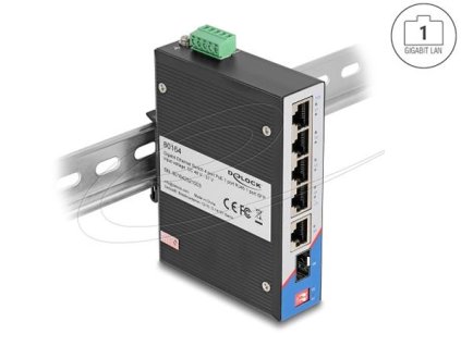 Delock Průmyslový Gigabit Ethernet Switch s 4 porty PoE a 1 port RJ45 a 1 port SFP, na DIN lištu