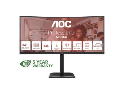 AOC MT 34" CU34E4CV - 3440x1440,VA,120Hz,HDR10,2xHDMI,DP,USBhub,USB-C,RJ45,repro,Zakřivený