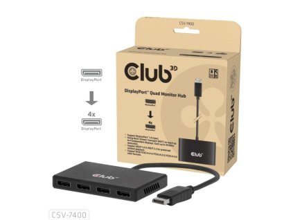 Club3D hub MST (Multi Stream Transport) DisplayPort 1.4 na 4x DisplayPort, Quad monitor, 4x 4K30Hz, 8K30Hz