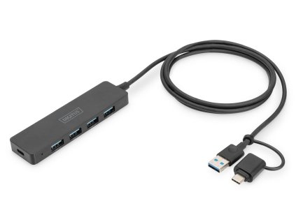 DIGITUS USB 3.0, Hub 4-Port, Slim Line with 120cm cable with USB-C adapterr