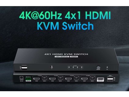PremiumCord 4K@60Hz HDMI2.0 KVM switch 4:1 s dálkovým ovladačem