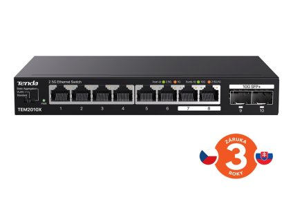 Tenda TEM2010X - Multi-gigabit switch, 8x 2.5G RJ45 + 2x 10G SFP+ port, MAC 16K, ochrana 6kV
