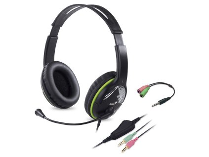 Genius HS-400A Headset, herní, drátový, náhlavní, mikrofon, ovládání hlasitosti, 2× 3,5mm jack, redukce na 1× 3,5mm, černo-zelená
