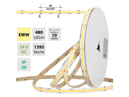 MCLED Pásek LED COB EWW, 480LED/m, 15W/m, DC 24V, 1395lm/m, CRI90, IP20, 10mm, 50m