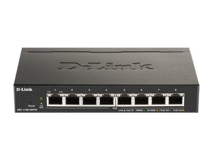 D-Link DGS-1100-08PV2 Smart Switch, 8x 1000Base-T 802.3at PoE, 64W PoE budget, Fanless