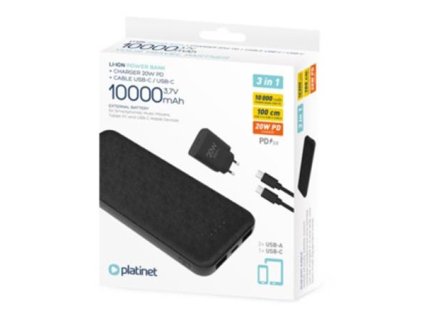 PLATINET POWER BANK 10000 mAh + PD CHARGER 20W + USB-C kabel černá