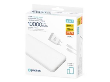 PLATINET POWER BANK 10000 mAh + PD CHARGER 20W + USB-C kabel bílá
