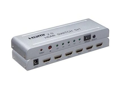 PremiumCord 4Kx2K@60Hz HDMI switch 5:1 kovový s dálkovým ovladačem a napájecím adaptérem
