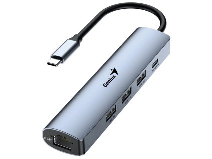 Genius UH-545 USB Hub, externí, USB-C na 3× USB 3.0, 1× USB-C, RJ-45 Gigabit Ethernet, 15cm, šedý