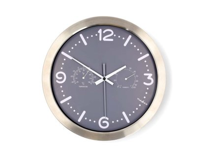 Nedis CLWA5226SS - Nástěnné hodiny | Průměr: 300 mm | Nerezová Ocel | Tichý pohyb | Teploměr | Vlhkoměr | Kov / Šedá