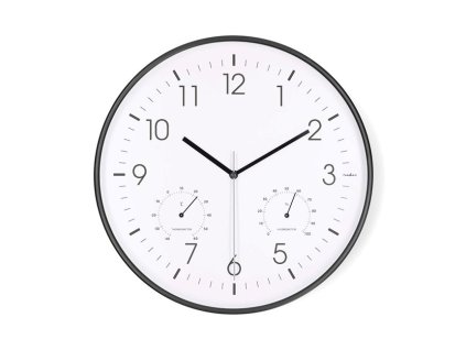 Nedis CLWA4226BK - Nástěnné hodiny | Průměr: 300 mm | Plast | Tichý pohyb | Teploměr | Vlhkoměr | Bílá / Černá