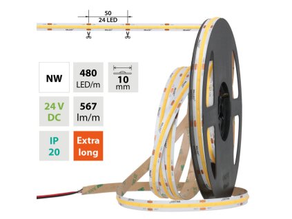 MCLED Pásek LED COB NW, 480LED/m, 5W/m, DC 24V, 567lm/m, CRI90, IP20, 10mm, 50m