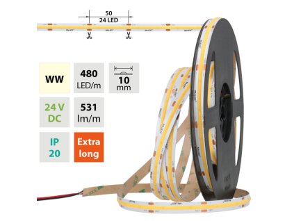 MCLED Pásek LED COB WW, 480LED/m, 5W/m, DC 24V, 531lm/m, CRI90, IP20, 10mm, 50m