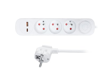 Solight prodlužovací přívod 3 zásuvky, USB A+C 20W PD, 2m, 3 x 1mm2, bílý, vypínač