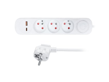 Solight prodlužovací přívod 3 zásuvky, USB A+C 20W PD, 5m, 3 x 1mm2, bílý, vypínač