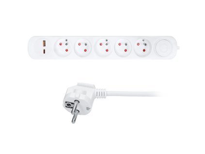 Solight prodlužovací přívod 5 zásuvek, USB A+C 20W PD, 3m, 3 x 1mm2, bílý, vypínač