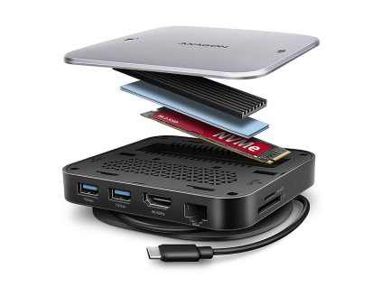 AXAGON HMC-UFO, USB 10Gbps hub, 2x USB-A, USB-C, HDMI 4k/60, RJ-45, M.2 slot, SD/mSD, audio, PD