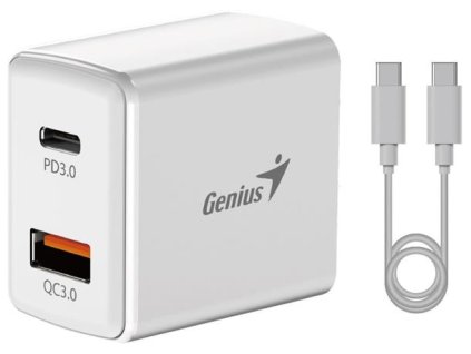 Genius PD-20ACP, Napájecí adaptér, univerzální, 20W, 1× USB-C, 1× USB, PD 3.0, QC 3.0, bílý + 1m USB-C kabel
