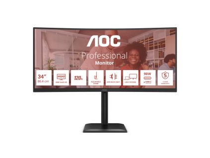 AOC LCD CU34E4CV 34" zakřivený VA/3440x1440@120Hz/4ms/350cd/2xHDMI/DP/4xUSB/2xUSB-C/RJ45/Repro/HAS/VESA