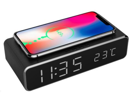 GEMBIRD digitální budík s funkcí bezdrátového nabíjení, black/černá