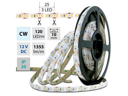 MCLED Pásek LED SMD2835 CW, 120LED/m, 14W/m, 1355lm/m, IP20, DC 12V, 10mm, 50m