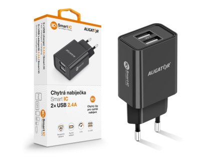 Chytrá síťová nabíječka ALIGATOR 2,4A, 2xUSB, smart IC, černá