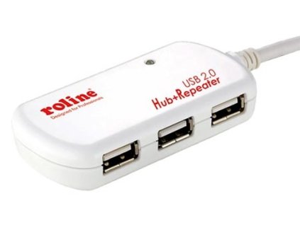 USB hub ROLINE USB 2.0 na 4 x USB s aktivním prodlužovacím adaptérem 10m, bílý