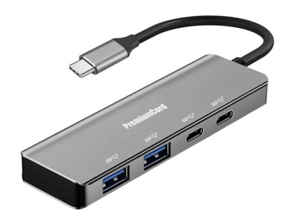 USB hub PremiumCord USB-C na 2x USB-C a 2x USB 3.2 A , hliníkový