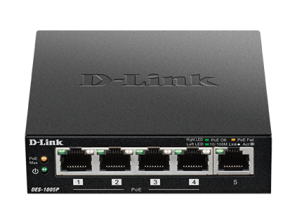 D-Link DES-1005P 5-port 10/100 switch, 4xPoE+,60W