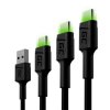 Green Cell Set 3x Cable GC Ray USB-C Cable 30cm, 120cm, 200cm with green LED backlight, fast charging UC, QC 3.0