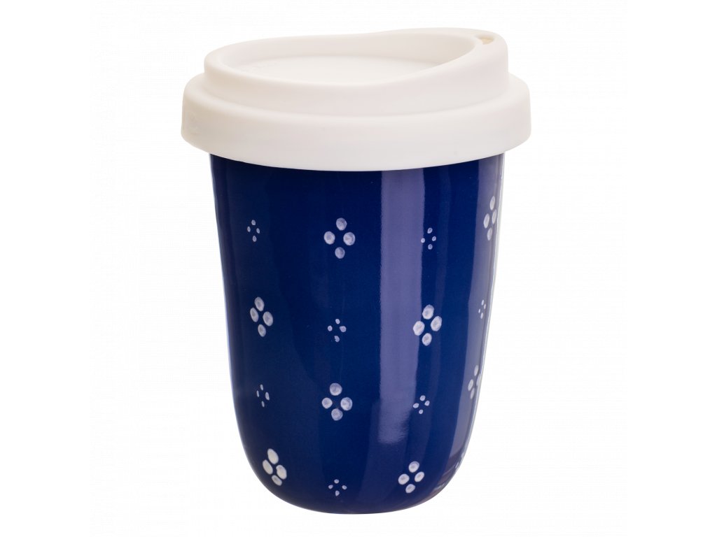 Pohárek na kávu s sebou čtyřpuntík bílý na modré