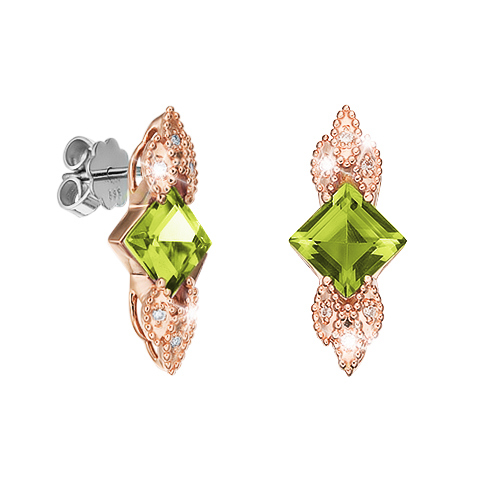 elegantní zlaté náušnice s přírodními peridoty a diamanty